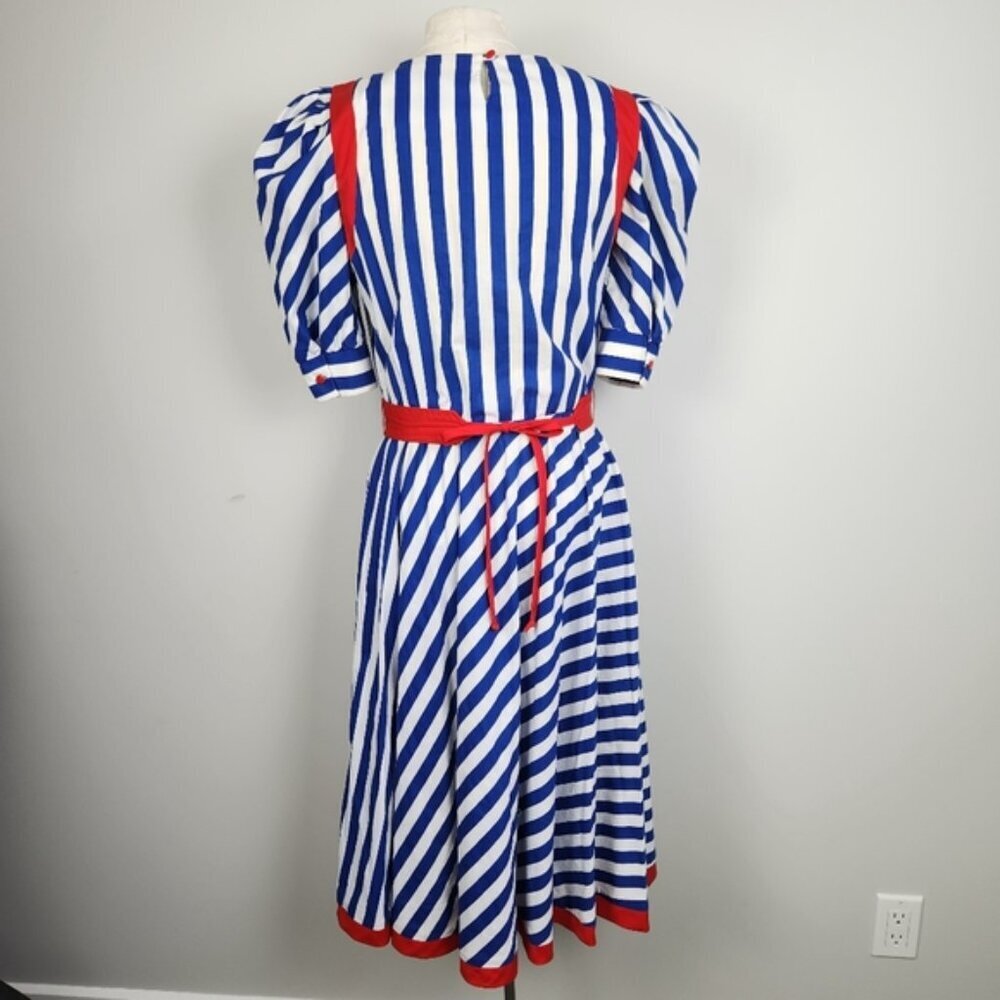 Vintage 100% Cotton Coastal Midi Dress Stripped Fits Medium Size 9 Pin Up Retro - Picture 3 of 15